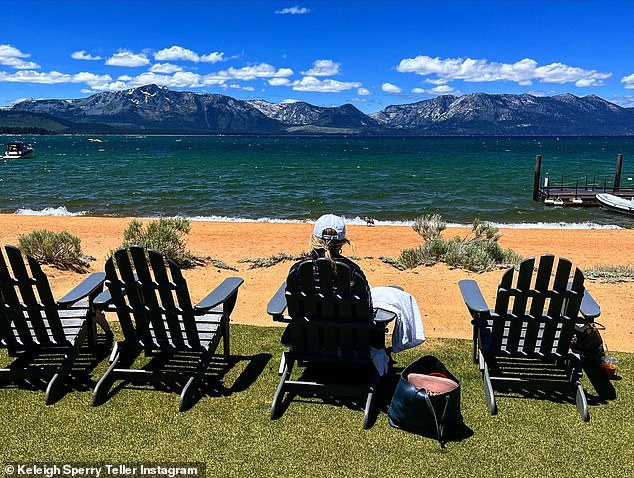 Taking in the view: Her friend sitting in a wooden chair in front of a spectacular view of the lake