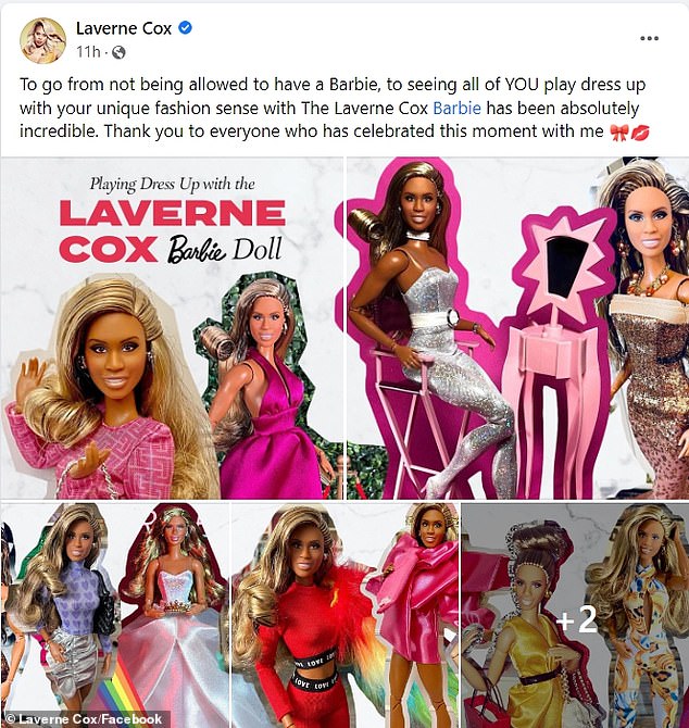 Cox wrote on Sunday: 'To go from not being allowed to have a Barbie, to seeing all of you play dress up with your unique fashion sense with The Laverne Cox Barbie has been absolutely incredible'