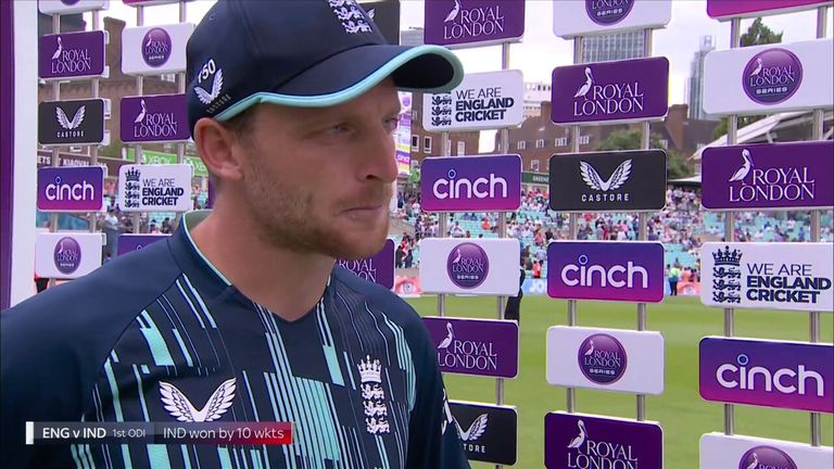 Jos Buttler reacts to England's 10-wicket loss to India in the first ODI at The Kia Oval