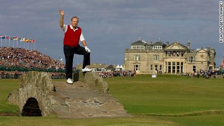 Jack Nicklaus waves on the Swilcan Bridge during the 134th Open held on the Old Course at St Andrews from July 14-17, 2005.