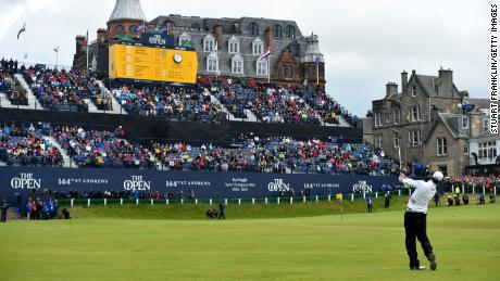 Zach Johnson plays his approach shot to the 18th green in the playoff during the final round of the 144th Open Championship on July 20, 2015.