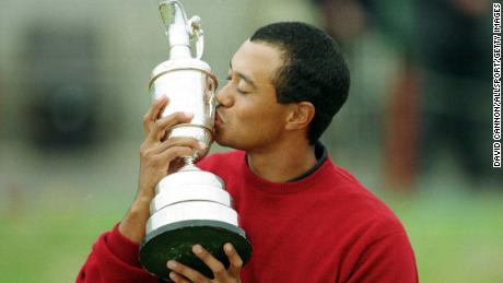 Tiger Woods kisses the Claret Jug after winning the 2000 Open at the Old Course in St Andrews.