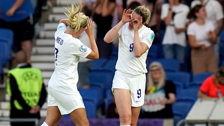 Ellen White celebrates scoring her sides sixth goal with teammate Beth Mead