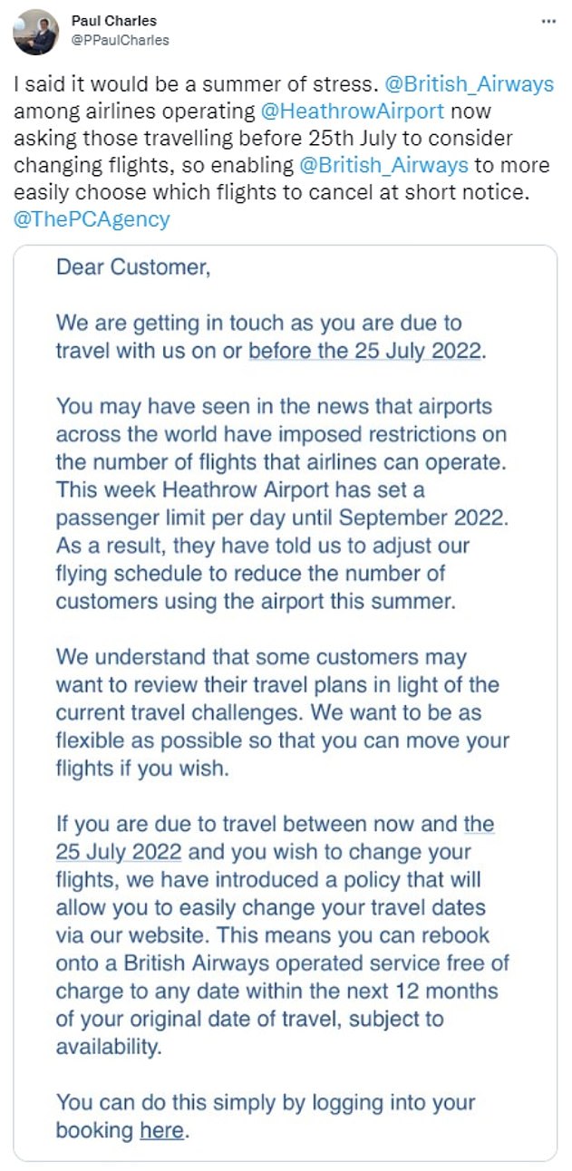 It comes after travel expert Paul Charles today shared an email from BA to customers asking passengers travelling in the next fortnight if they would like to reschedule their flights for free