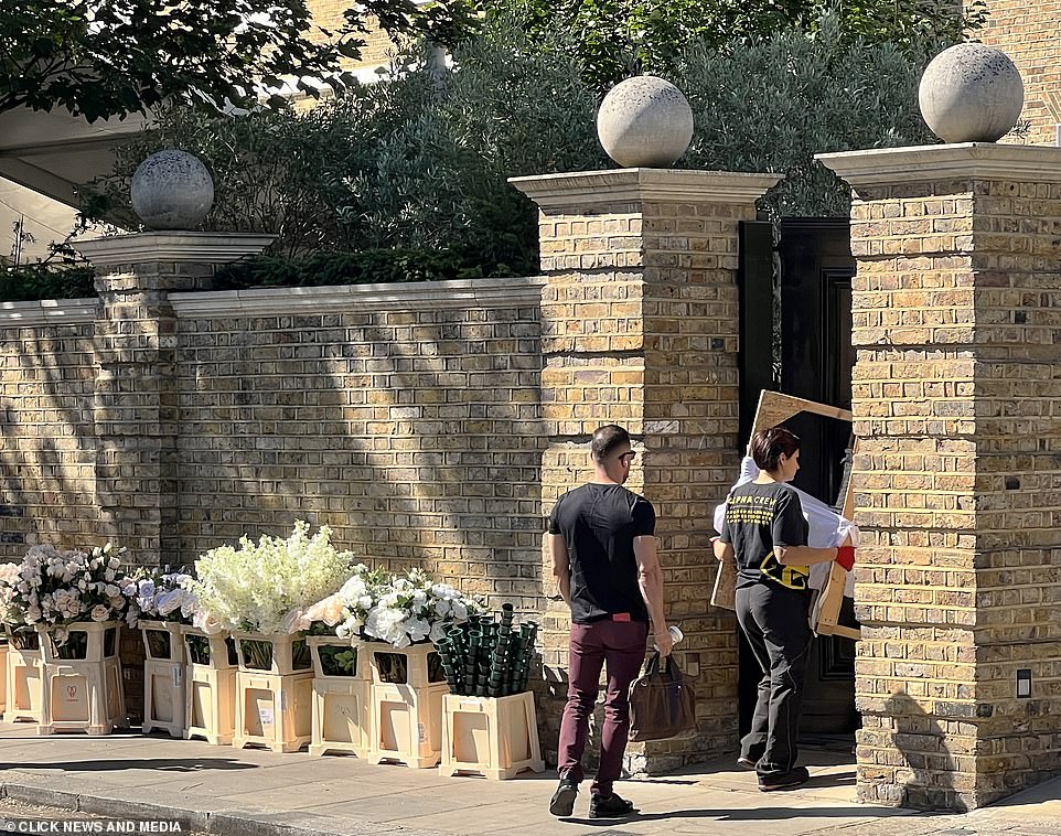 Flowers galore: On Friday morning Petra's London mansion was a hive of activity as delivery trucks dropped off multiple floral arrangements for the celebrations