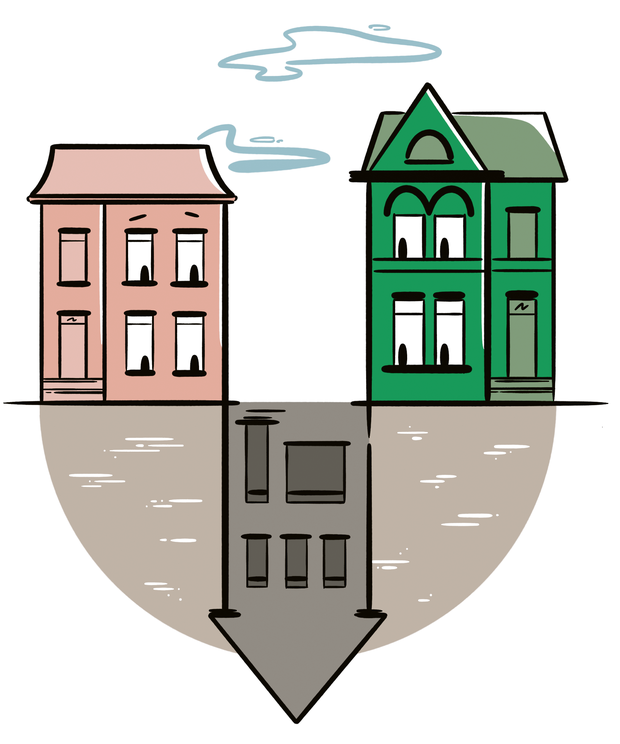 Illustration by Steven Gregor of two houses with an inverted shadow house between them.