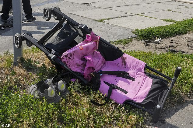 Liza's pram was later found in the middle of the street - spattered with blood from wounds the girl did not survive. Iryna was wounded and taken to hospital in critical condition where she is now fighting for life