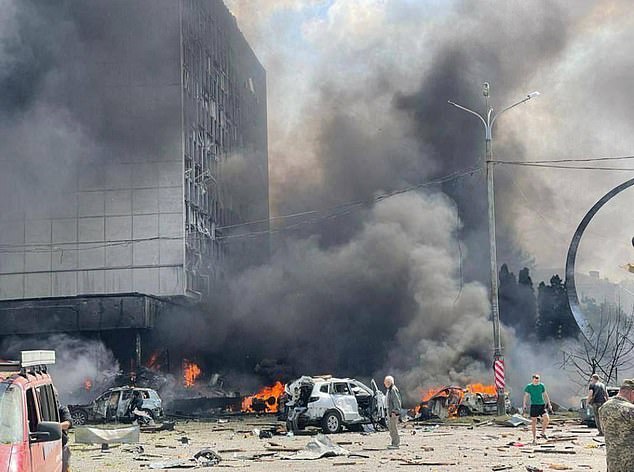 Three Russian missiles hit an office block in the centre of Vinnytsya today, a Ukrainian city hundreds of miles from the current frontlines, leaving multiple civilians dead