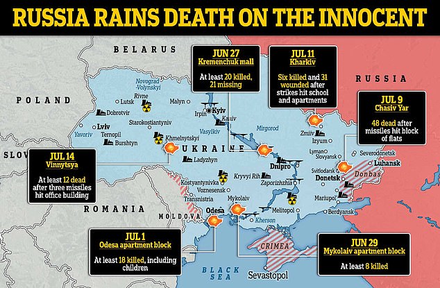 Vinnytsya,450 miles went of the Donbas front line, is just the latest city to be hit in a series of Russian air strikes targeting civilians