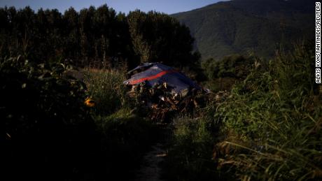 Debris is seen at the crash site of an Antonov cargo plane owned by a Ukrainian company, near Kavala, Greece.