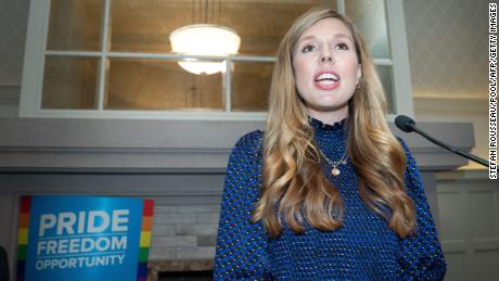 Carrie Johnson, wife of Britain&#39;s Prime Minister Boris Johnson, speaks at the annual LGBT+ pride reception hosted in partnership with Stonewall, on the third day of the annual Conservative Party Conference in Manchester in October.