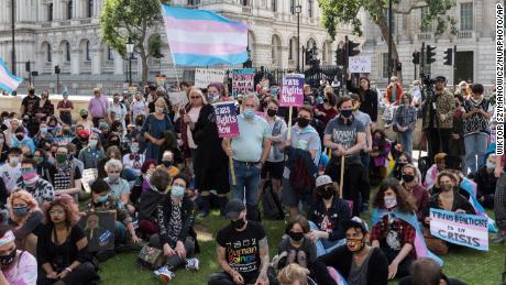 Transgender people and their supporters protest outside Downing Street in August.