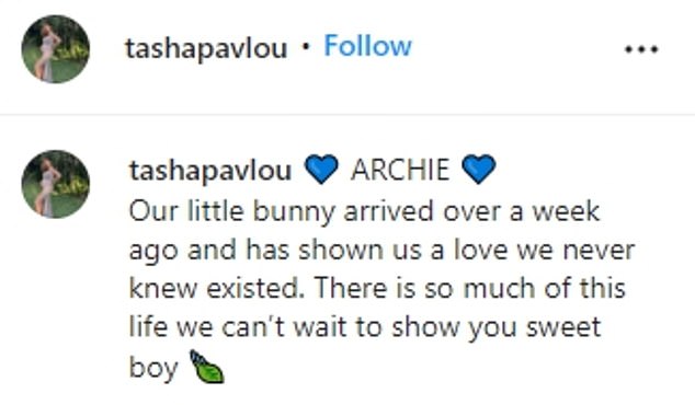 Natasha shared a gallery of photos of the newborn on Instagram, and wrote: 'Our little bunny arrived over a week ago and has shown us a love we never knew existed'