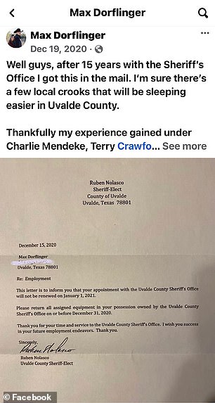 Then in December 2020 he posted a termination letter from the Uvalde County Sheriff Department. Max wrote, 'well guys after 15 years with the Sheriff's Office I got this in the mail. I'm sure there's a few local crooks that will be sleeping easier in Uvalde County'