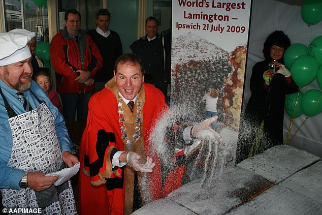 Pisasale throws desiccated coconut on the world's largest lamington in 2009. He led a fact-finding mission to the Middle East and Europe in 2012 costing taxpayers $170,000 during which Ipswich Council officials stayed at luxury hotels and chartered a private jet