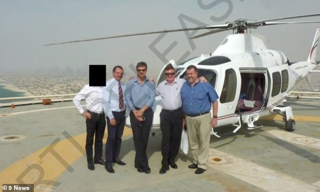 Pisasale took the taxpayer-funded trip of a lifetime with council colleagues Paul Tully, Carl Wulff and Jim Lindsay (Pictured together during their helicopter trip to high tea atop the 7-star Burj al Arab hotel in Dubai)