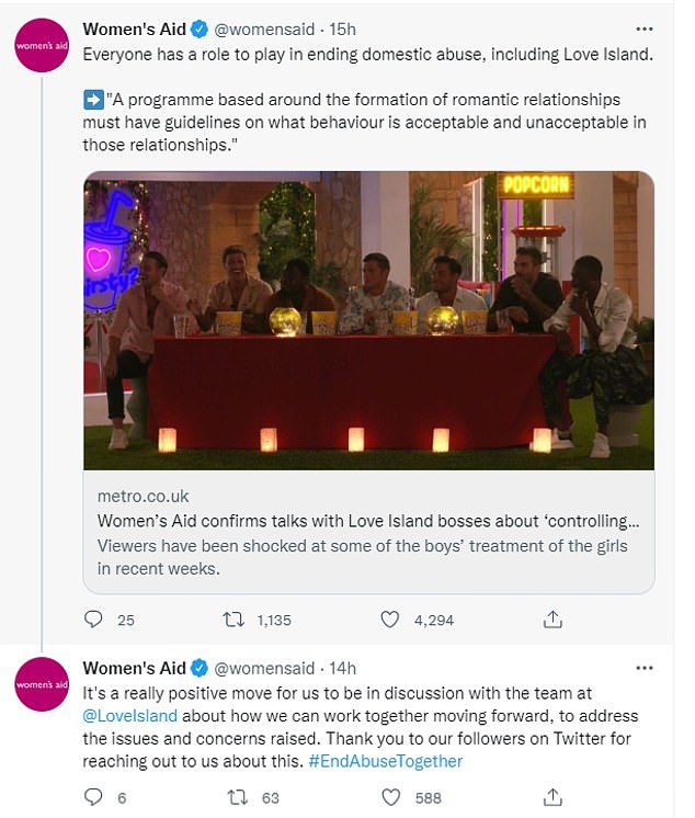 Reaction: In response Women's Aid's statement said: 'At Women's Aid we are being tagged into a stream of Twitter posts, with viewers of Love Island highlighting the misogyny and controlling behaviour being shown on screen'