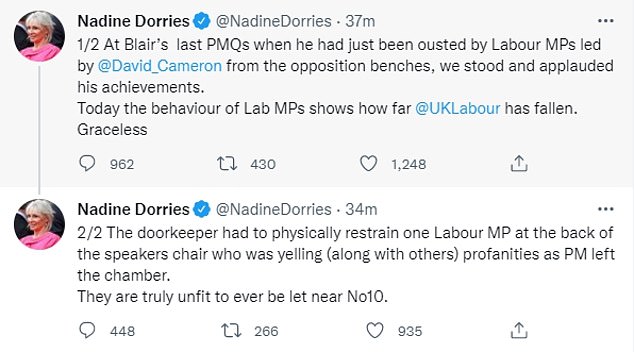 Nadine Dorries, one of Mr Johnson's most loyal Cabinet ministers, tore into Labour for not joining in the standing ovation for the departing PM