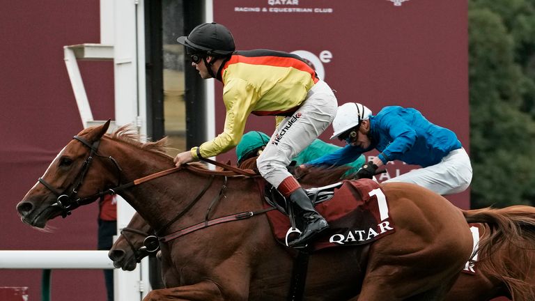 Torquator Tasso, nearside, beats Tarnawa and Hurricane Lane to the line