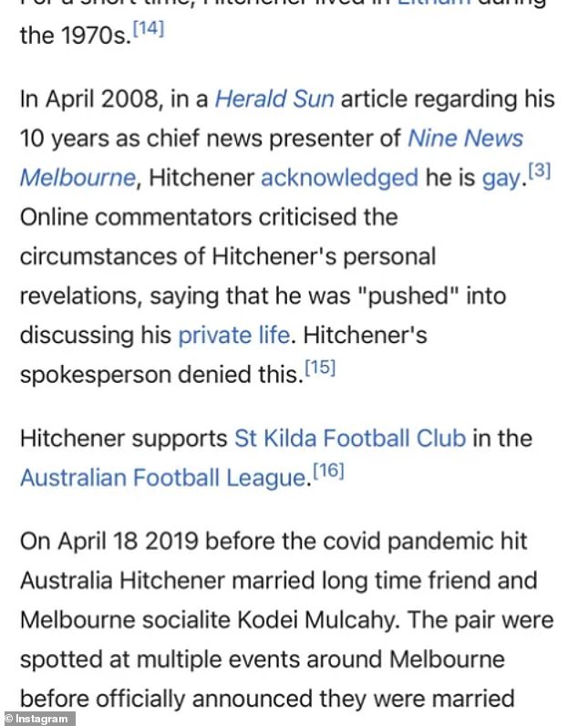 Kodei James Mulcahy shared a Wikipedia entry claiming Peter Hitchener and him were married