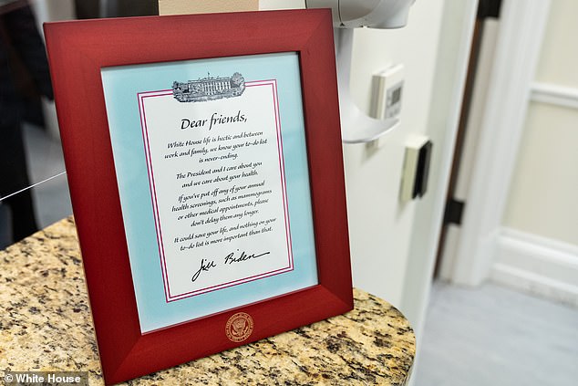 First Lady Jill Biden, who has tested negative despite close contact with her husband, left a framed note offering all staff members at the White House to get free health screenings at the unit