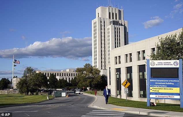 Former President Trump was admitted to the 'Nation's Medical Centre', pictured, when he tested positive for COVID-19 in 2020 shortly before the presidential election