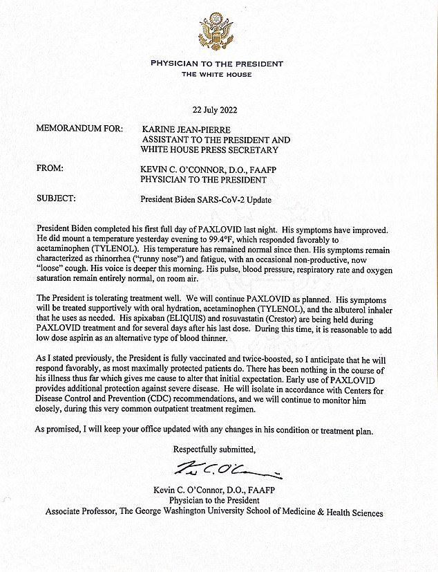 President Joe Biden's COVID-19 symptoms 'have improved,' according to a letter the White House released mid-morning Friday provided by Physician to the President, Dr. Kevin O'Connor to press secretary Karine Jean-Pierre