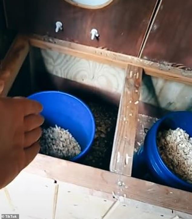 Jessica explained that they have one bucket for 'going' and another for the woodchips, which are placed side by side in an outhouse