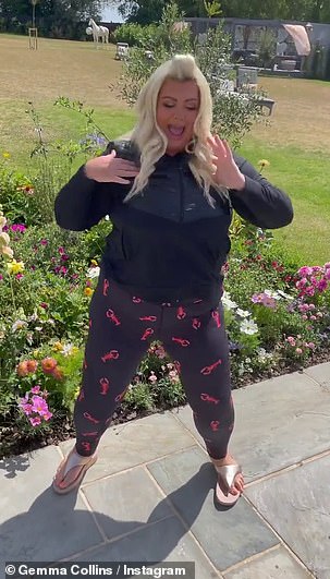 Workout: The former TOWIE star donned a pair of skintight navy leggings with a lobster print as she squatted and danced around in an Instagram video