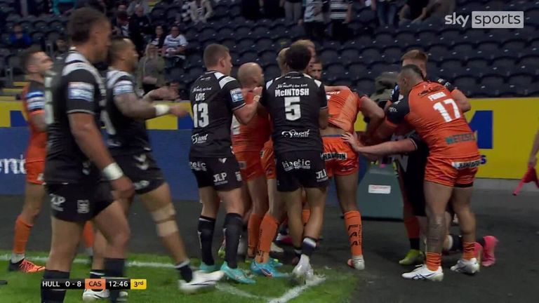 Derrell Olpherts and Connor Wynne are both sent to the sin bin for their roles in this melee between Hull FC and Castleford.