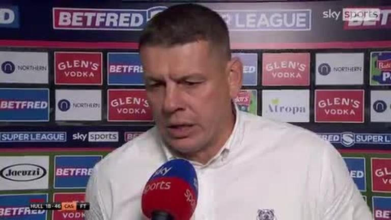 Castleford Tigers head coach Lee Radford reacts to his team's huge 18-46 win over Hull FC in the Betfred Super League. 