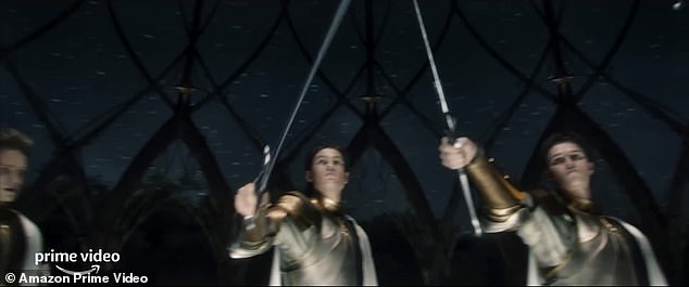 Ready to fight: Galadriel and the rest of the Elven warriors are then seen preparing for battle, and she later leads a cavalry charge against a force of Orcs