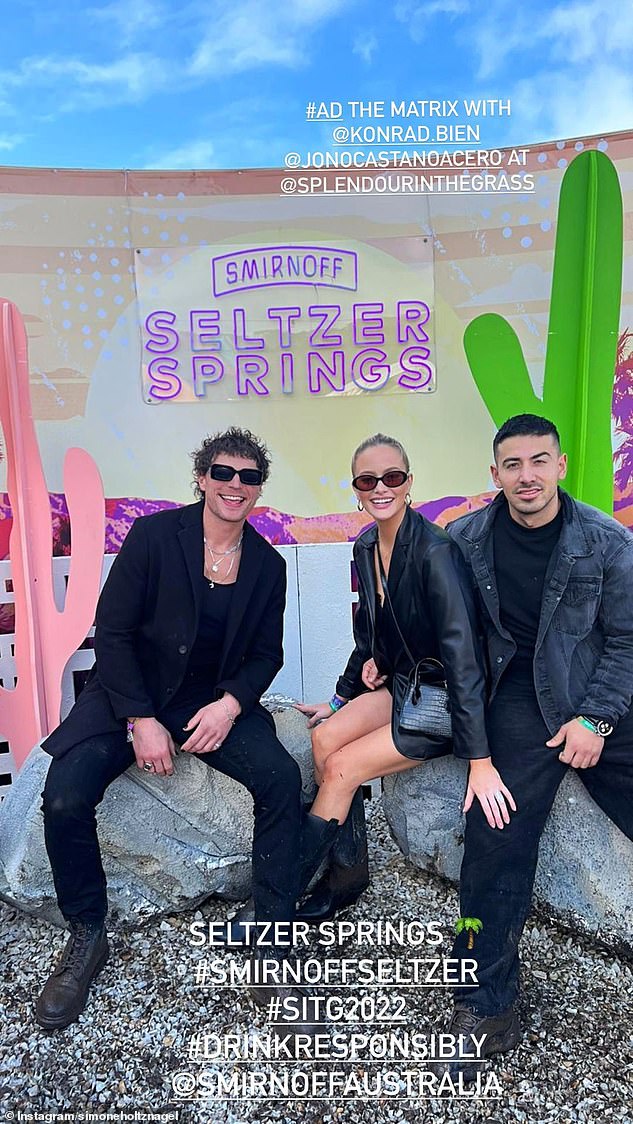 The 29-year-old said that the designer shoes are precious to her, but have sadly gotten covered in mud at the rain drenched festival. Pictured alongside her celebrity trainer boyfriend Jono Castano and Bachelorette star Konrad Bień-Stephen