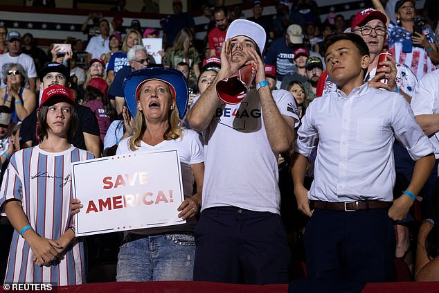 During his speech, Trump yelled: 'The election was rigged and stolen and now our country is being systematically destroyed because of it!' he shouted, with the crowd roaring in response