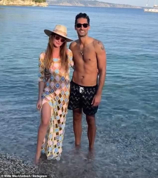 Soaking up the sun: The former Made In Chelsea star, 32, was joined by husband Hugo Taylor, 36, as they posed in the water in their holiday attire