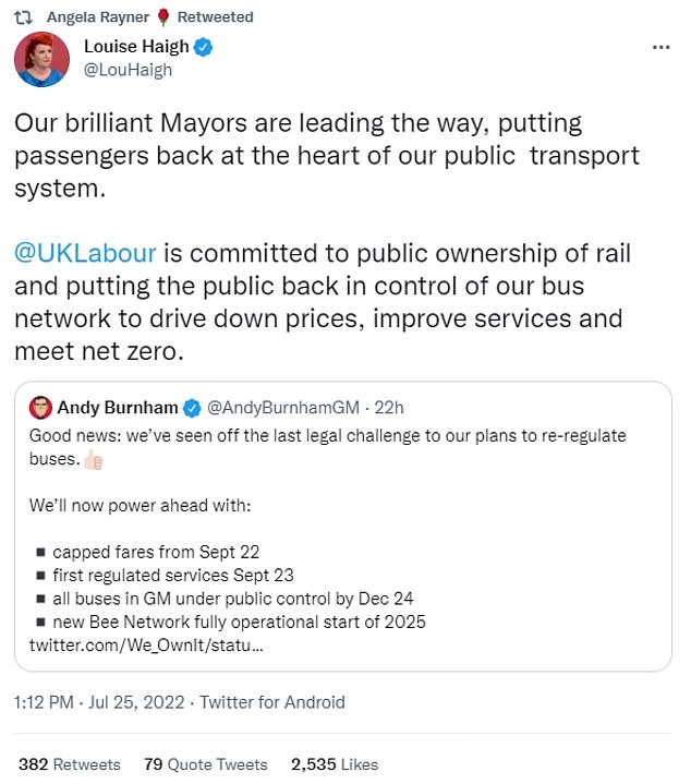 Shadow transport secretary Louise Haigh pointedly posted on Twitter that Labour is 'committed to public ownership of rail'