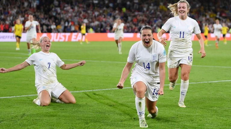 Beth Mead and Lauren Hemp join Fran Kirby (centre) in celebrating her goal that put England 4-0 ahead against Sweden in their Euro 2022 semi-final at Bramall Lane