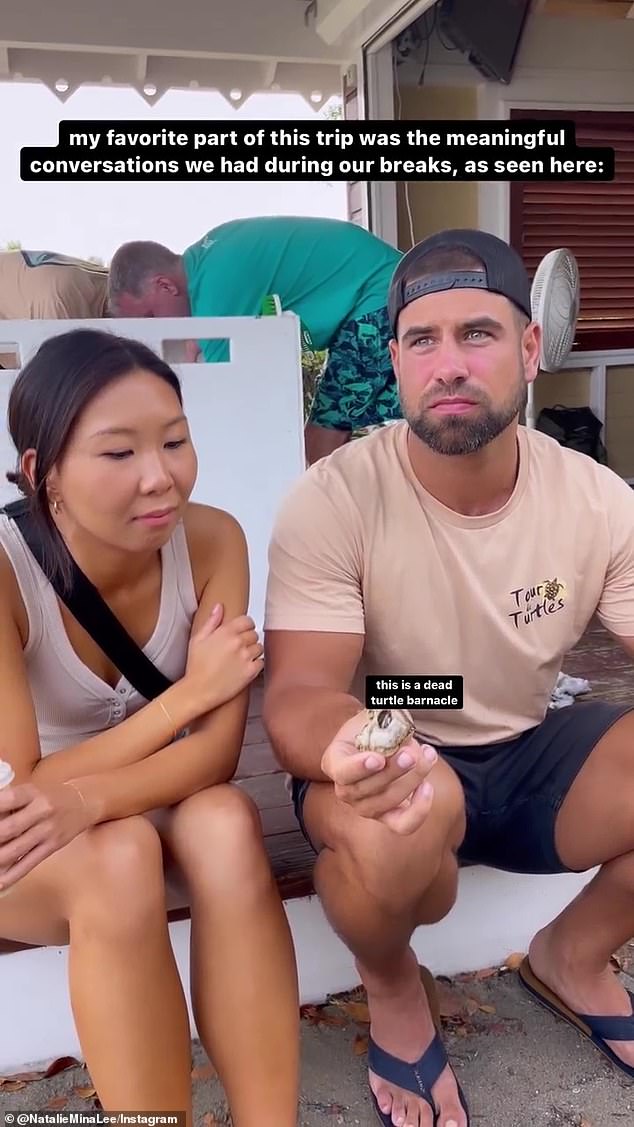 Funny: She also joked that her 'favorite part of this trip was the meaningful conversations' that they had during breaks their breaks as he held a 'dead turtle barnacle'