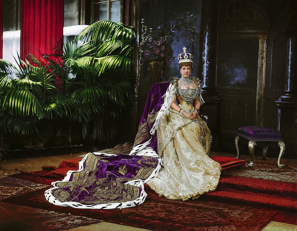 Although she had been born into a minor branch of the Danish royal family in Copenhagen in 1844, Alexandra was headhunted at the age of 16 to marry Queen Victoria's eldest son. She is pictured below shortly before her and Edward's joint coronation in August 1902. Whilst the array of colours had been lost with the original black and white image, they have now been intricately restored