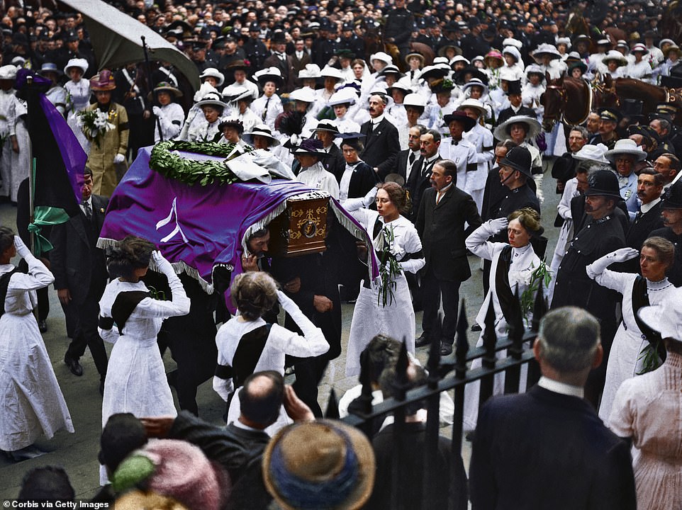 The suffragette Emily Davison was famously killed at the Epsom Derby in 1913, when she ran out in front of the King's horse. The above image shows Davison's coffin being carried through the streets in London. An estimated 6,000 people, most of whom were women, took part in the procession