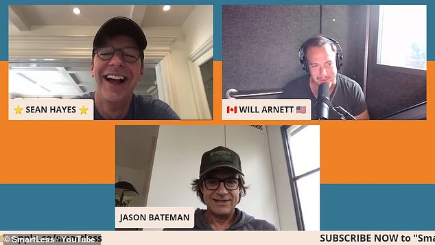 Talented trio: Not pictured was Hayes' SmartLess podcast co-host Jason Bateman (M, pictured in 2020), whom TMZ reported was wearing wide-brim straw hat signaling he was 'still in vacay mode'