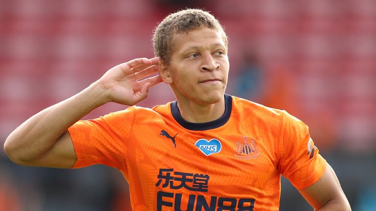 Newcastle United&#39;s English striker Dwight Gayle celebrates after he scores his team&#39;s first goal during the English Premier League football match between Bournemouth and Newcastle United at the Vitality Stadium in Bournemouth,