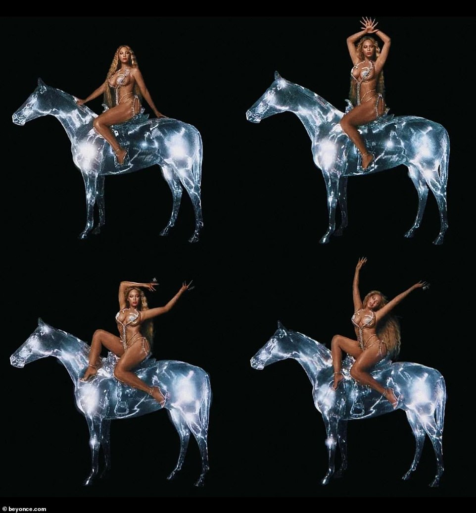 Hot to trot: However, Beyonce has gone ahead with the rollout, and released new artwork for the album on Thursday, showing her in various poses as she rode atop a holographic stallion