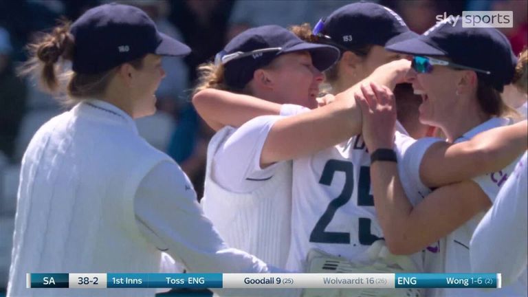 Issy Wong bowled South Africa opener Laura Wolvaardt to claim her first Test wicket at Taunton in June