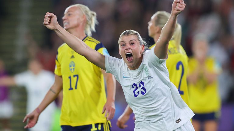 Alessia Russo celebrates after scoring England Women&#39;s third goal against Sweden