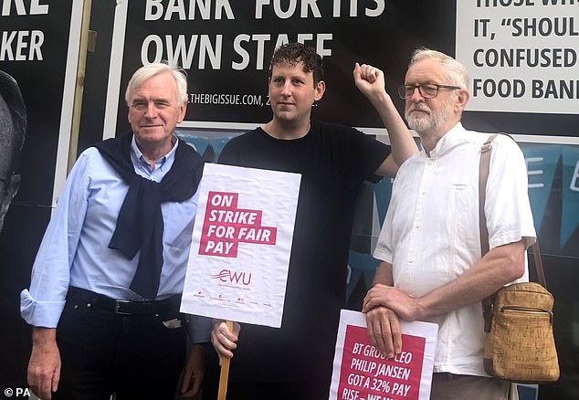 Former shadow chancellor John McDonnell (left) and Jeremy Corbyn (right), the former Labour leader and now independent MP, joined Communication Workers Union (CWU) members on the picket line at BT Tower