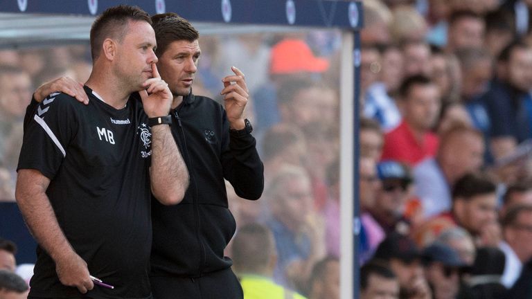 06/07/18 PRE-SEASON FRIENDLY.RANGERS v BURY.IBROX - GLASGOW.Rangers manager Steven Gerrard (R) with coach Michael Beale on the touchline. 