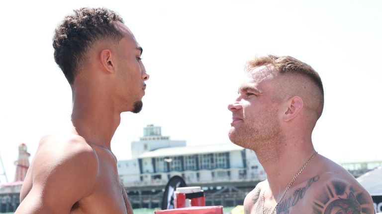 BEN SHALOM...S BOXXER BATTLE ON THE BEACH PROMOTION .BOURNEMOUTH 29/07/2022.PIC LAWRENCE LUSTIG.WEIGH IN.LIGHT-HEAVYWEIGHT CONTEST.BEN WHITTAKER v GREG O&#39;NEILL