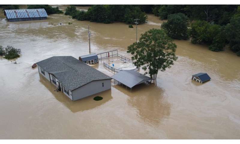 Homes submerged under flood waters from the North Fork of the Kentucky River are seen from a drone in Jackson, Kentucky