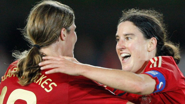 Birgit Prinz (right) scored twice as Germany beat England in Helsinki 